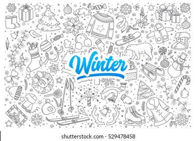 Hand drawn set of winter doodles with blue lettering in vector