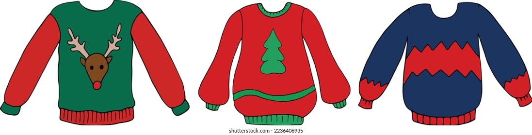 Hand drawn set of winter warm ugly sweaters. Winter clothes. Vector illustration. Winter and Christmas theme