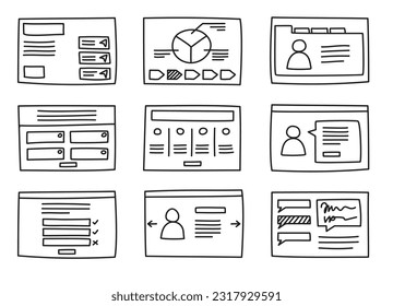 Hand drawn set of wireframes for web designs