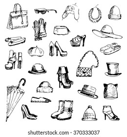 Hand drawn set of woman accessories. Vector sketch illustration.