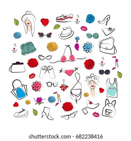 Hand drawn set of woman accessories. Vector sketch illustration.