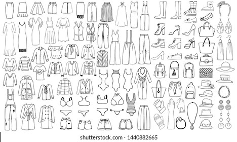 Hand drawn set of woman clothes. Line art set. 