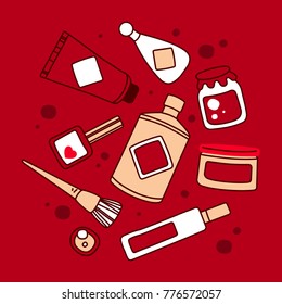 Hand drawn set of womens cosmetics. Vector illustration