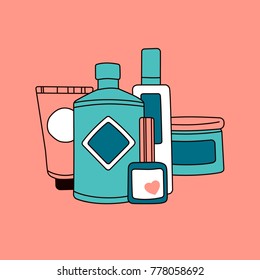 Hand Drawn Set Of Womens Cosmetics. Vector Illustration