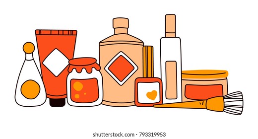 Hand drawn set of womens cosmetics. Vector illustration