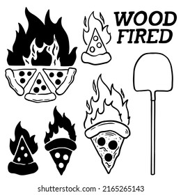 Hand drawn set wood fired pizza. Vector illustration woodfired oven.