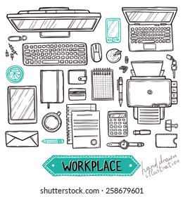 Hand Drawn Set Of Work And Business Elements Top View. Sketch Workplace