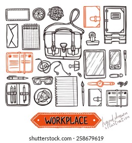 Hand drawn set of work and business elements top view. Sketch workplace