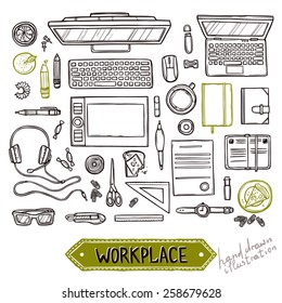 Hand drawn set of work and business elements top view. Sketch workplace