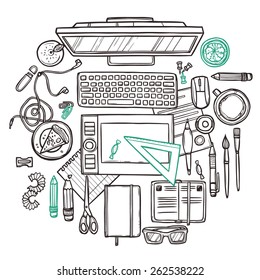 Hand drawn set of work and business elements top view. Sketch workplace