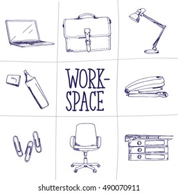 Hand drawn set of workspace and business elements. Vector sketch illustration.