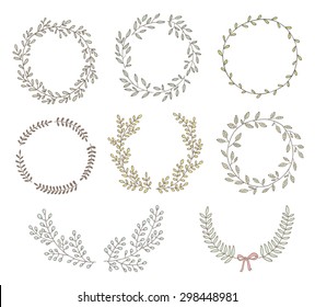 Hand drawn set of wreaths and laurels. Circular decorative elements