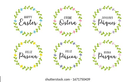 Hand drawn set of wreaths in pastel colors with Happy Easter phrase in different languages: Spanish, English, German, Italian, French, Portuguese. 