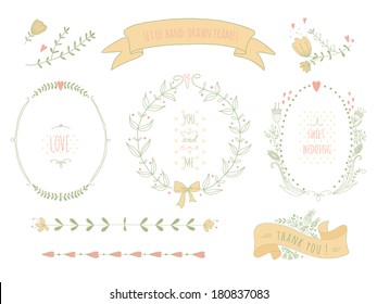 Hand drawn set of wreaths, ribbons, laurel and labels on blackboard. No transparency. No gradients.