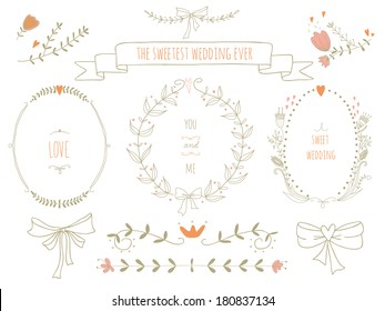 Hand Drawn Set Of Wreaths, Ribbons, Laurel And Labels On Blackboard. No Transparency. No Gradients.