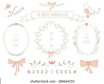 Hand drawn set of wreaths, ribbons, laurel and labels on blackboard. No transparency. No gradients.