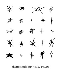 Hand drawn set of Y2K stars, starburst and retro futuristic ornaments. Simple elements on white background