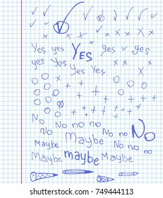 Hand drawn set of yes, no, maybe, marks cross and tick. Vector illustration.