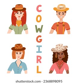 Hand drawn set with young cowgirl wearing hat, bandana, t-shirt and star earrings. Cute portrait of cow girl or Wild west theme. Vector western female character for print design, poster, cowboy party.