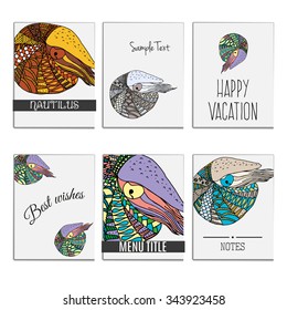 Hand drawn set zentangle colored nautilus for cards background templates. Concept for sea life aquariums, marine centers, diving centers.  Clipping mask used.