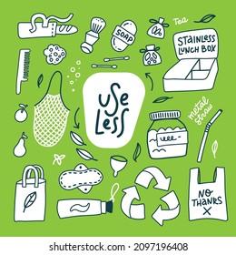 Hand drawn set of zero waste elements concept. Eco outline clipart for print, card, textil design. Eco objects. Reusable, wood, bamboo, washable objects for everyday use. Doodle vector illustration.