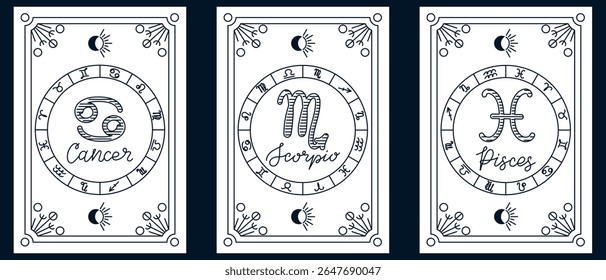 Conjunto desenhado à mão de cartões de zodíaco com símbolos de Câncer, Escorpião e Peixes no estilo de linha elegante. Representa astrologia, misticismo e conceito de espiritualidade de signos de água