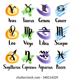 Hand drawn set of zodiac signs. Ink brush and watercolor. Four natural elements - earth, water, air, fire. Lettering. Vector illustration.