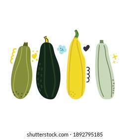 Handgezeichneter Zucchini-Satz. Klare, flache Illustration.
