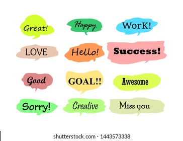 Hand drawn sets of sweet colored speech bubbles with dialog words on a white background