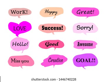 Hand drawn sets of sweet colored speech bubbles with dialog words on a white background