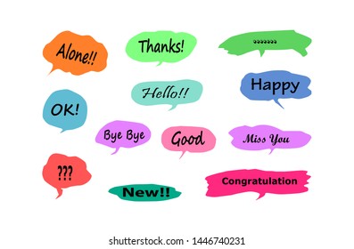 Hand drawn sets of sweet colored speech bubbles with dialog words on a white background