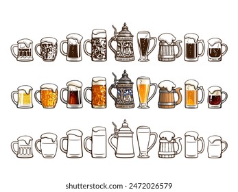 Hand drawn sets of various beer mugs in different styles, cartoon, vintage monochrome and outline. Vector illustration isolated on white background.