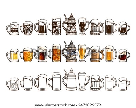 Hand drawn sets of various beer mugs in different styles, cartoon, vintage monochrome and outline. Vector illustration isolated on white background.