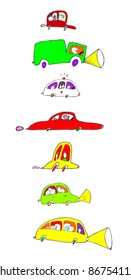 Hand drawn Seven funny coloured cars!