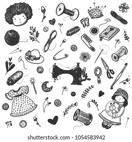 Hand drawn sewing accessories for hand made dolls making set.
