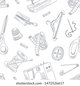 Hand Drawn Sewing Accessories Seamless Pattern, Needlework, Monochrome Design Element Can Be Used for Wallpaper, Packaging, Background Vector Illustratio