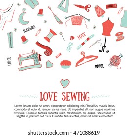 Hand drawn sewing banner in vintage style. Doodle vector illustration for sites, banners and packages.