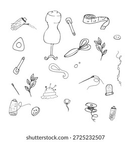 Conjunto de doodle de costura desenhado à mão com ferramentas de alfaiataria