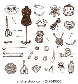 Hand drawn sewing icons set.