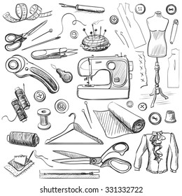 Hand drawn sewing icons set with a sewing machine, thread, scissors, spools, bobbins, cloth hanger, needles, ruler, clothes, mannequin, buttons.