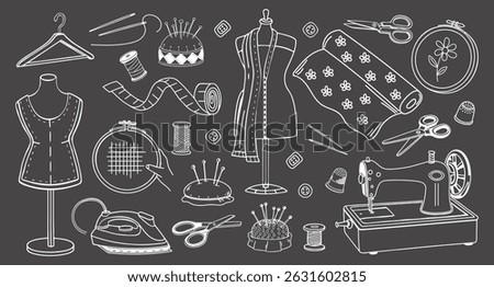 Hand drawn sewing kit. Collection of tools for sewing and tailoring. Sewing mannequin, machine, measuring and cutting accessories, black outline. Sketch illustration.