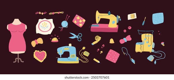 Hand drawn sewing, knitting elements. Cute Handcraft collection, dressmaking, handcraft bundle. Cute set of tailors equipment and machine.