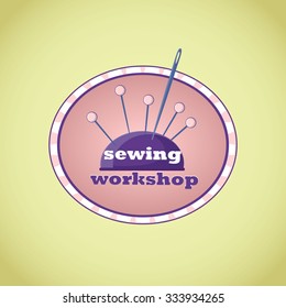 Hand drawn sewing lable cushion with needles. Vector illustration. Logo.