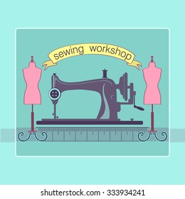 Hand drawn sewing lable with a sewing machine. Vector illustration. Logo.