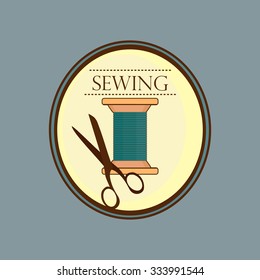 Hand drawn sewing lable with spool of thread and scissors. Vector illustration. Logo.