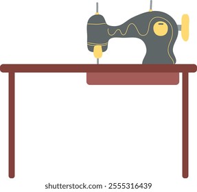 Hand Drawn Sewing Machine On Table Vector Illustration