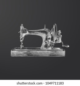 Hand Drawn Sewing Machine Sketch Symbol isolated on chalkboard. Vector Sewing Element In Trendy Style.