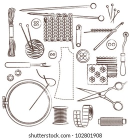 Hand drawn sewing and needlework related symbols