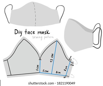 Hand Drawn Sewing Pattern for a Do-It-Yourself Fabric Face Mask, Creative Commons Mask Design. Respirator design. Protective mask pattern.