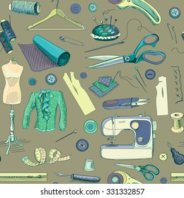 Hand drawn sewing pattern with a sewing machine, thread, scissors, spools, bobbins, cloth hanger, needles, ruler, clothes, mannequin, buttons.